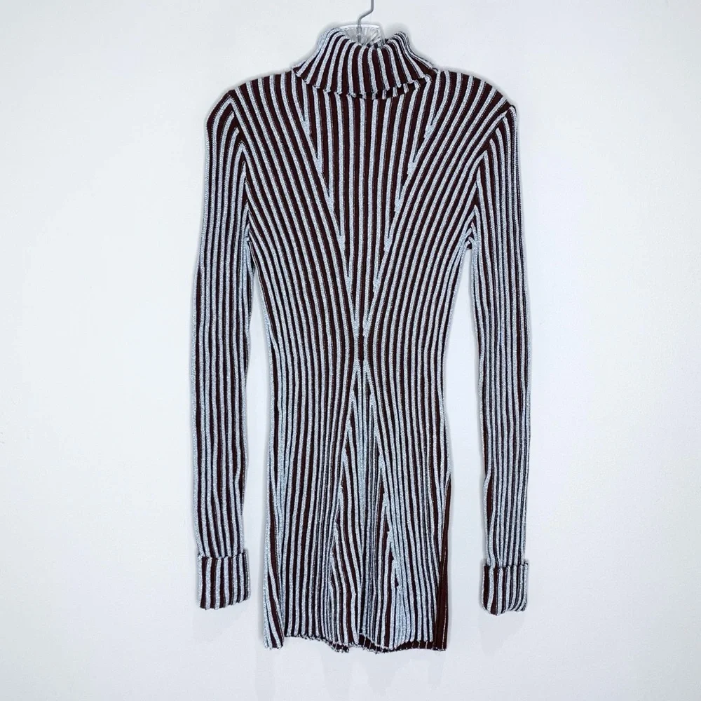 Hanifa Cici Knit Mini Dress (Sz S) Ribbed Long Sleeve Turtleneck Brown Silver - Picture 5 of 16